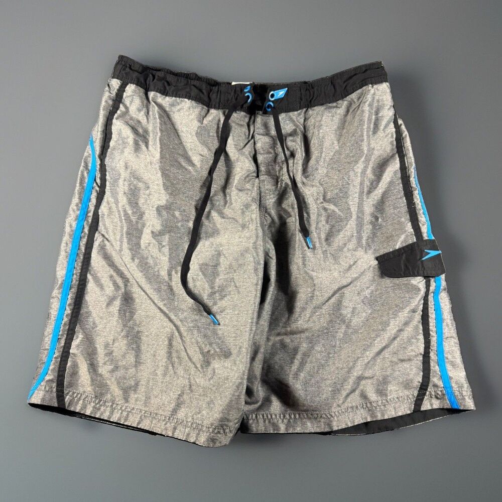 Speedo Men's Swim Trunks Size XL Gray Heather Aqua Blue Stripes Mesh Lined Y2K